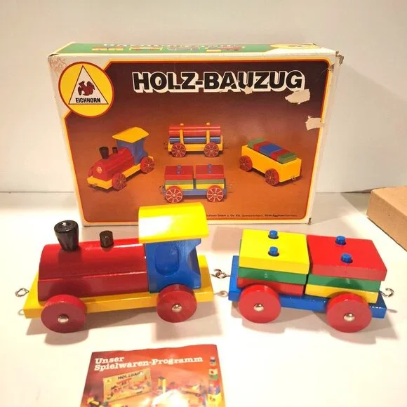 Eichhorn Holz-Bauzug Wooden Blocks Train Complete Set Original Box Vintage - Picture 2 of 12